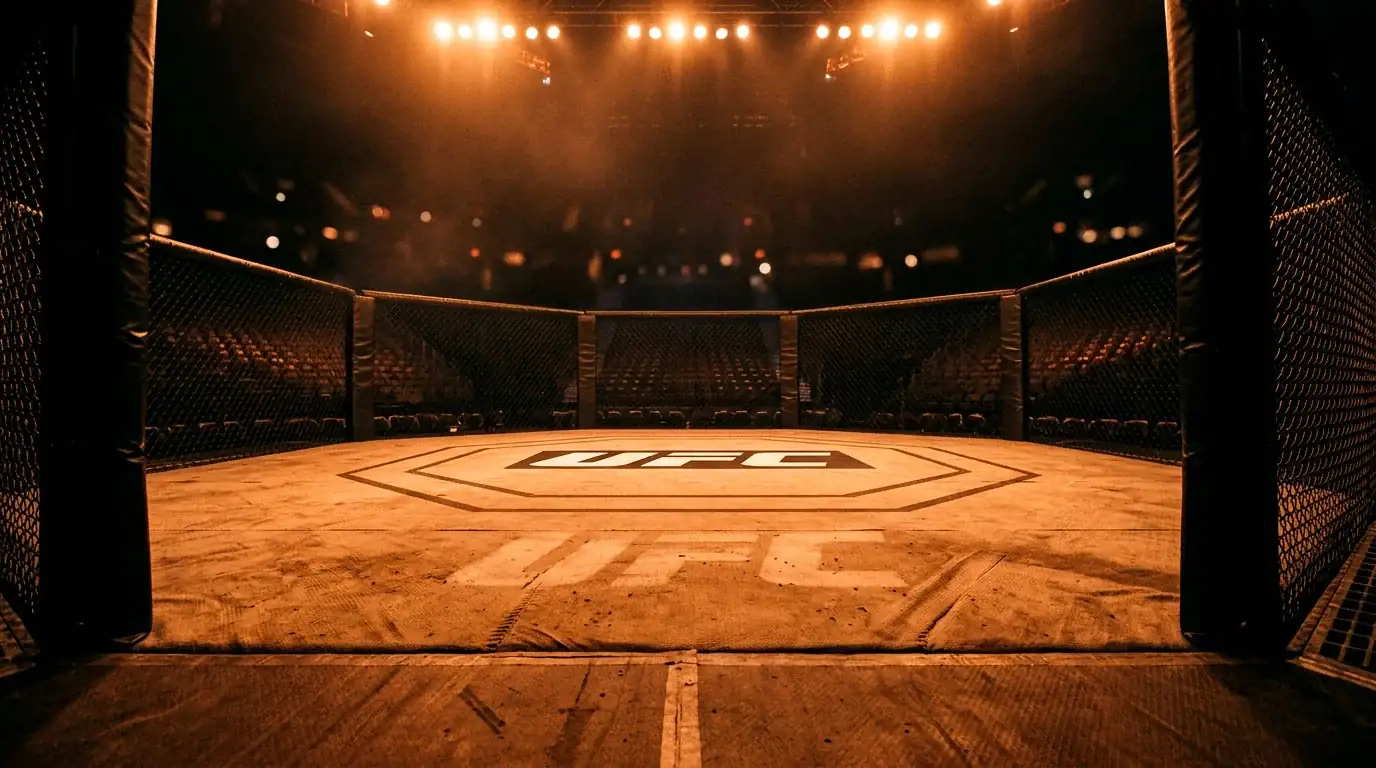 UFC octagon arena lit with dramatic red lighting before a fight night event