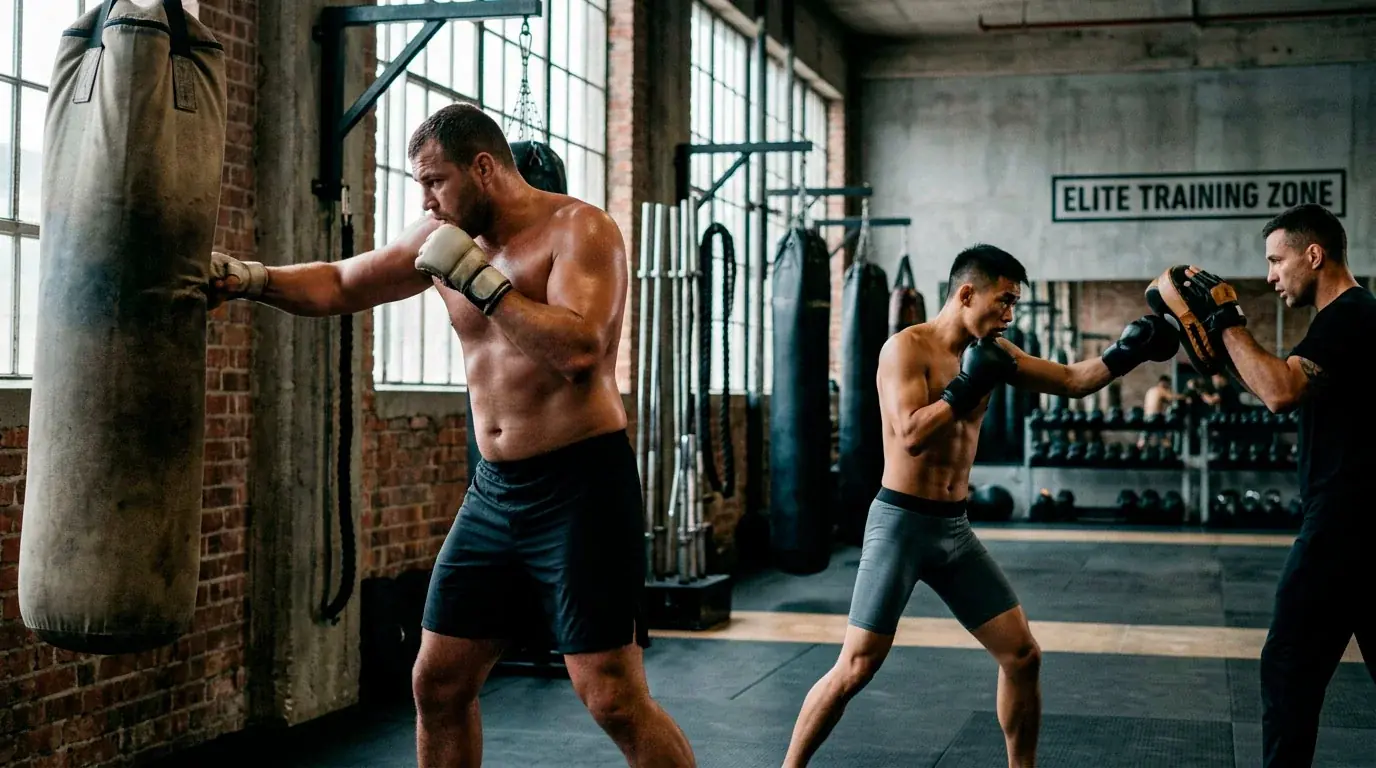 MMA fighters from different weight classes training in a gym, showing the physical contrast between divisions