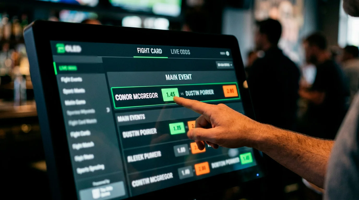 Close-up of a sportsbook screen displaying UFC fight odds with moneyline prices for an upcoming bout